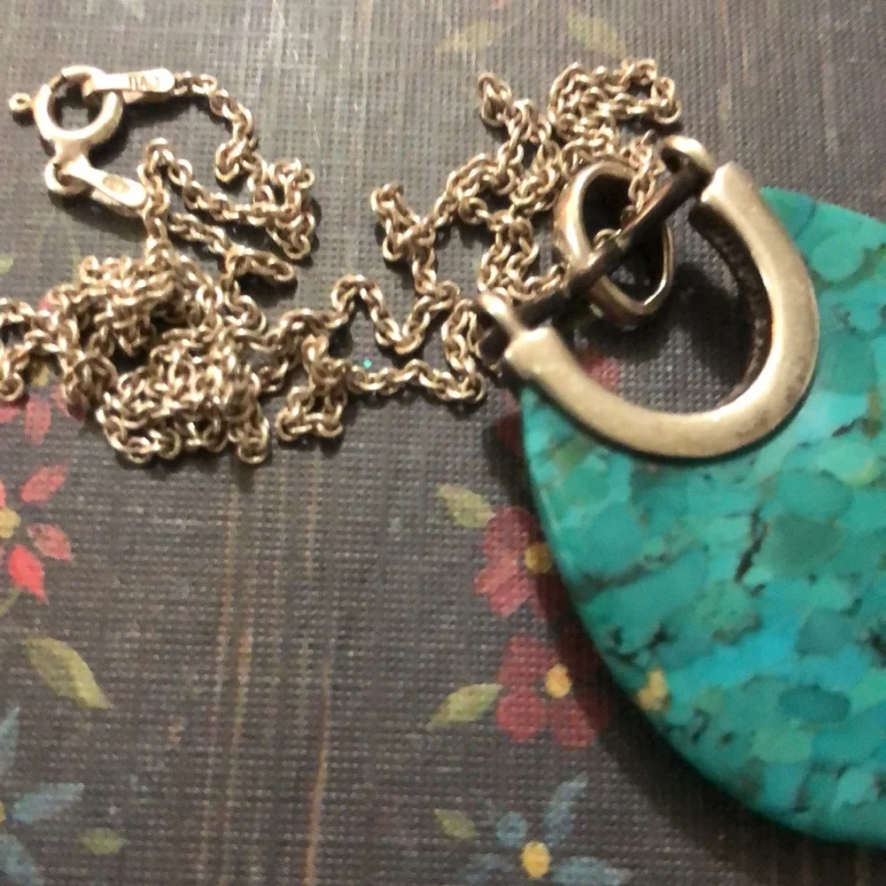 Turquoise Pendant w/Silver & Copper Accents on 18” Made in Italy Silver Chain